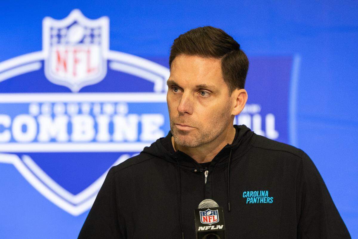 Carolina Panthers general manager Dan Morgan talks to the media at the 2024 NFL combine at Indiana Convention Center.