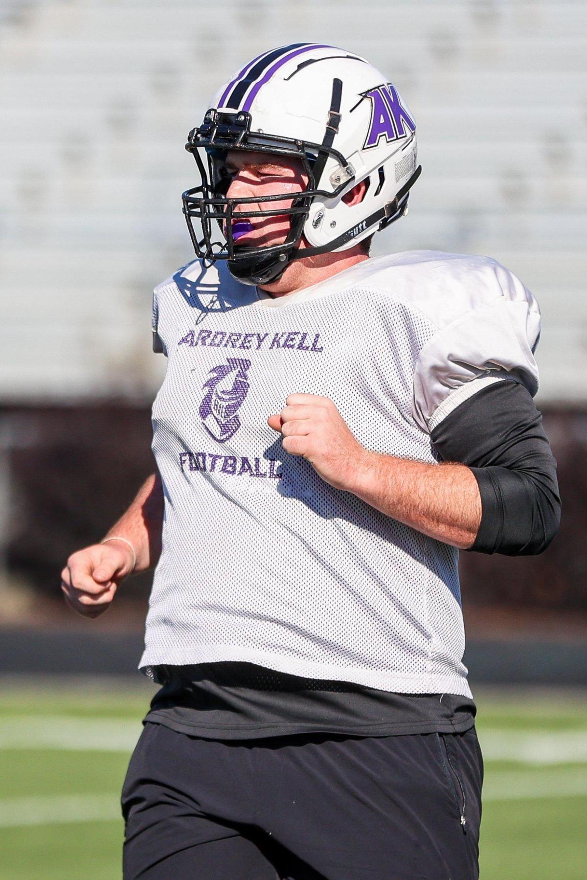 Jack Ludwick, a senior captain on the Ardrey Kell football team in action during practice at Ardrey Kell High School on October 25, 2023.