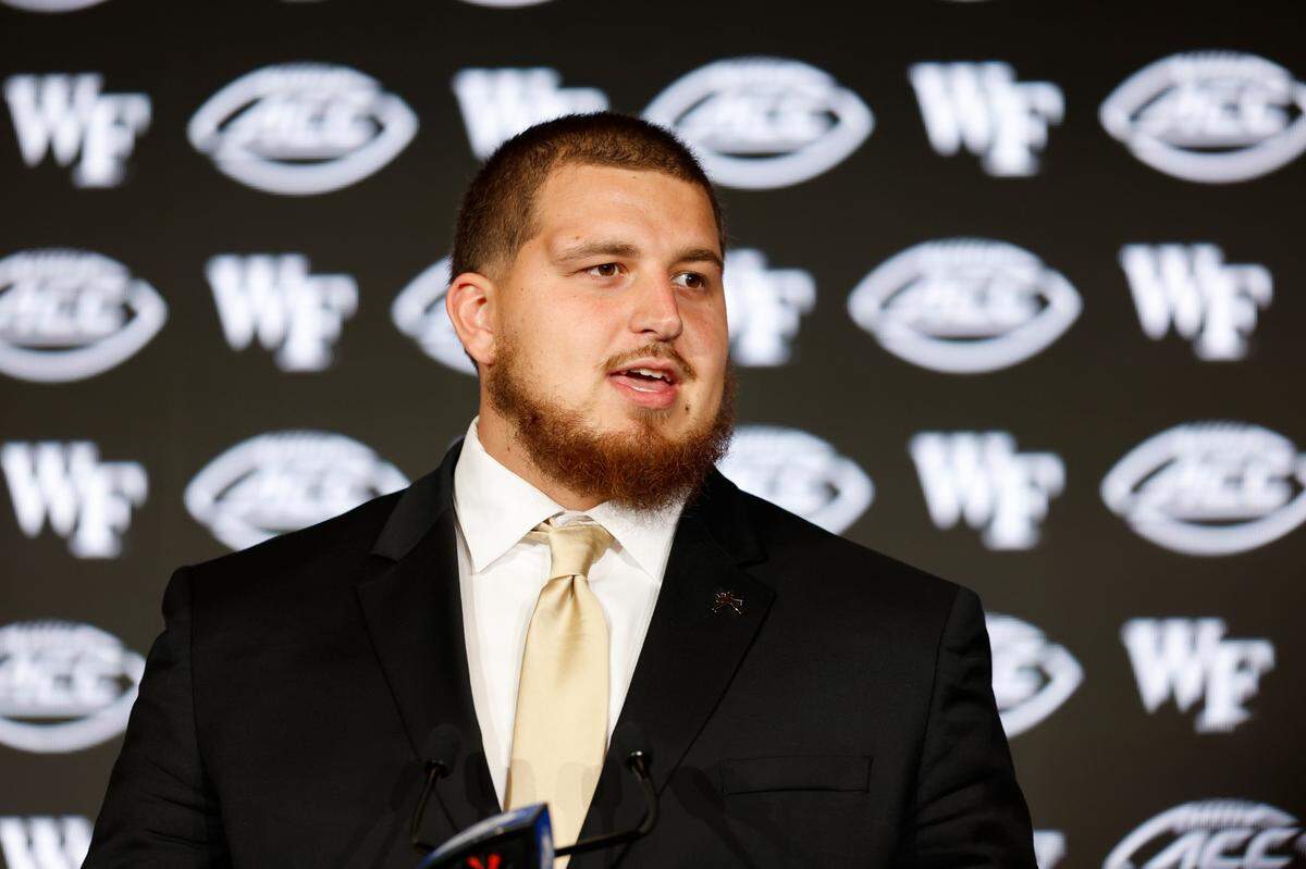 Wake Forest offensive lineman Devin Kylany speaks to the media at the 2025 ACC Kickoff in Charlotte, N.C., Wednesday, July 23, 2025. (Photo by Nell Redmond/ACC)