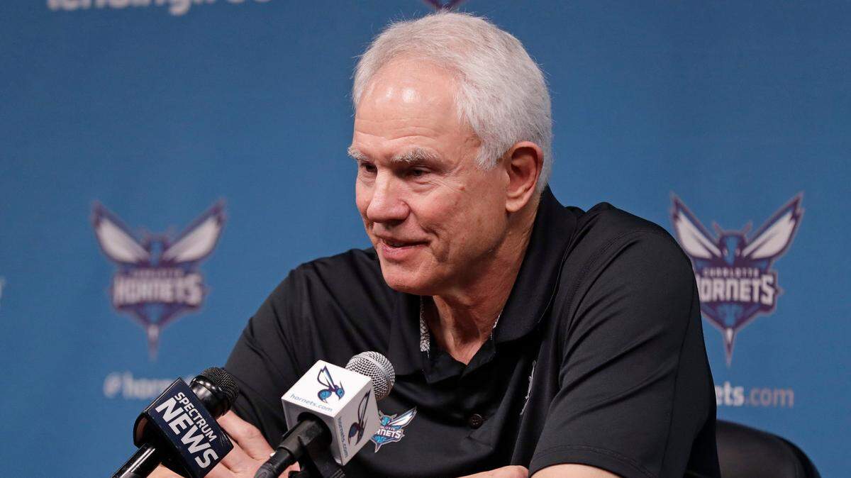 FILE - Charlotte Hornets general manager Mitch Kupchak speaks to the media during a news conference for the NBA basketball team in Charlotte, N.C., April 12, 2019. The Charlotte Hornets have two picks in the first round of the NBA draft on Thursday June 23, 2022 — and no head coach in place to help facilitate those decisions. (AP Photo/Chuck Burton, File)