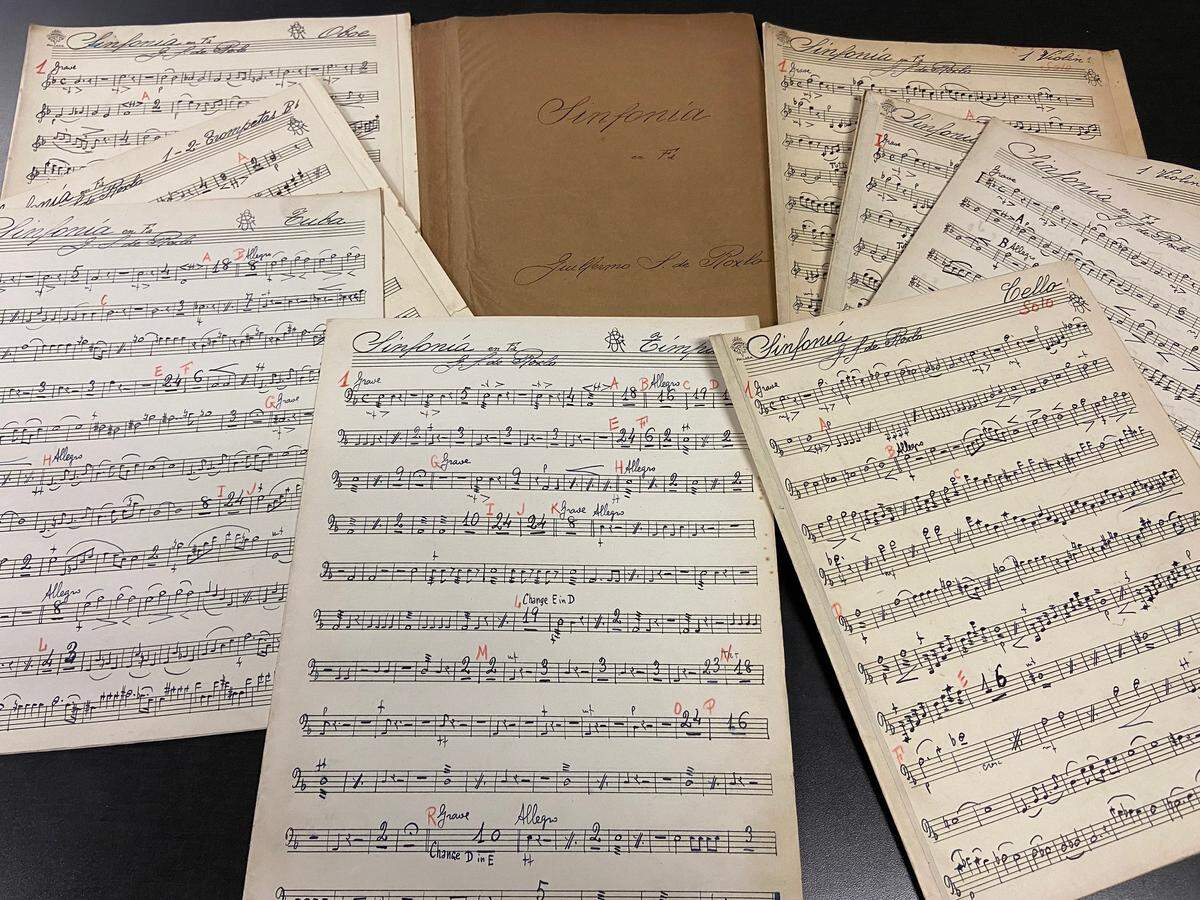Hand-written parts by and for Guillermo S. de Roxlo’s Symphony in F titled, “Our Orchestra.” It was performed along with pieces by Mozart, Debussy, Wagner and Grieg at the first Charlotte Symphony concert on March 20, 1932, at Carolina Theatre.