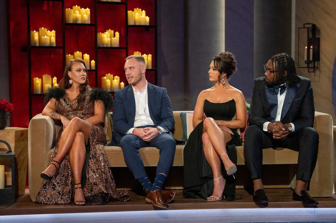 Chelsea Blackwell, Jimmy Presnell, Brittany Mills and Kenneth Gorham of Charlotte talk during the season 6 reunion episode of “Love is Blind.”
