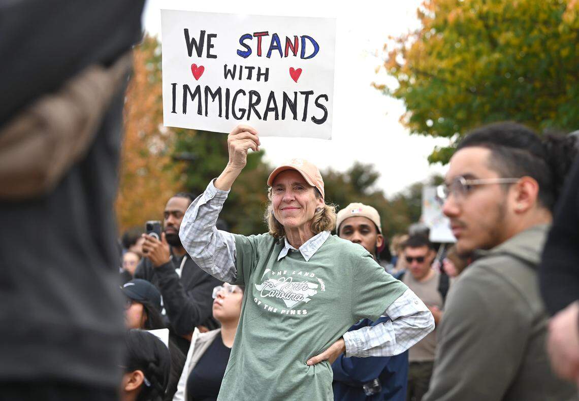 Former Charlotte mayor Jennifer Roberts was among the hundreds of people to gather in the No Border Protest in First Ward Park on Saturday, November 15, 2025. 