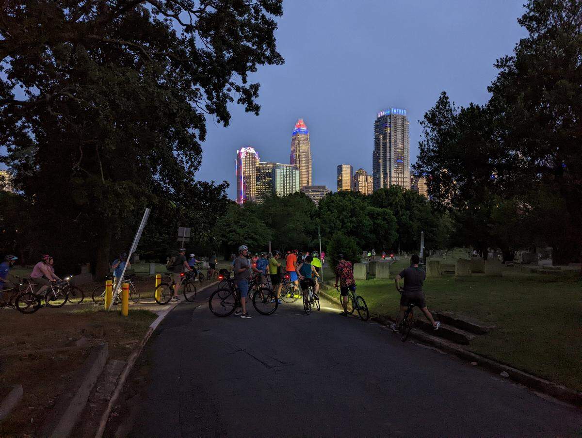 Charlotte Spokes People hosts weekly group bike rides around the city on Tuesdays that are free to attend.