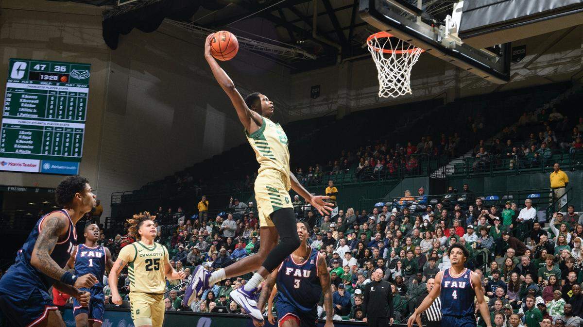 The Charlotte 49ers’ Robert Braswell IV throws down a massive dunk against Florida Atlantic on Saturday, Jan. 6, 2024. The 49ers upset No. 17 FAU, 70-68.