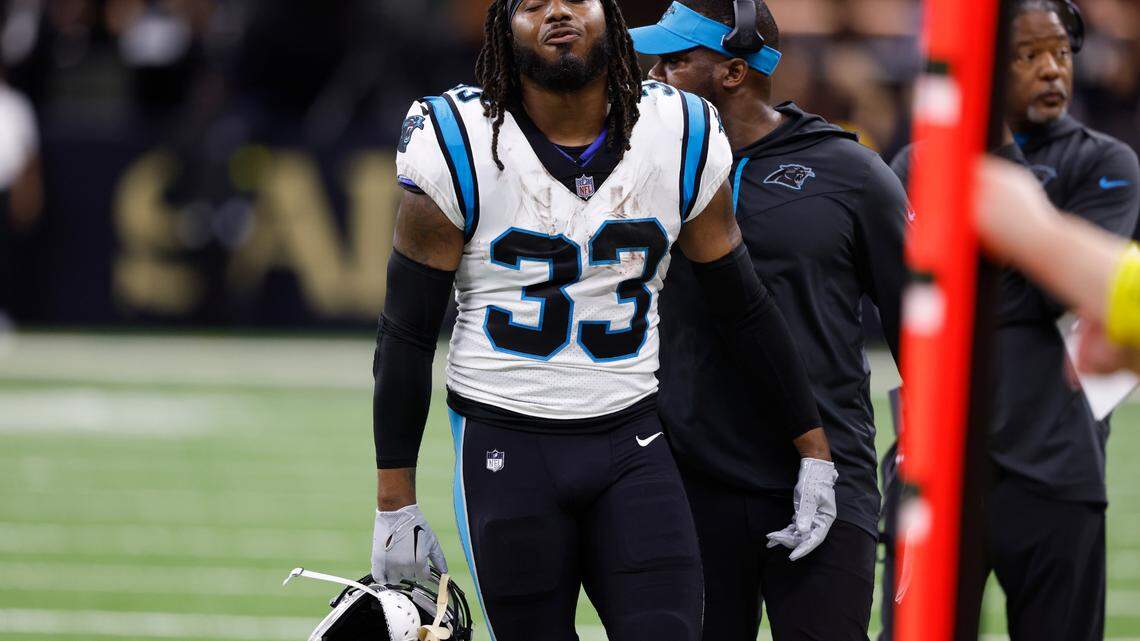 Carolina Panthers running back D’Onta Foreman react after being ejected during the second half an NFL football game between the Carolina Panthers and the New Orleans Saints in New Orleans, Sunday, Jan. 8, 2023. (AP Photo/Butch Dill)