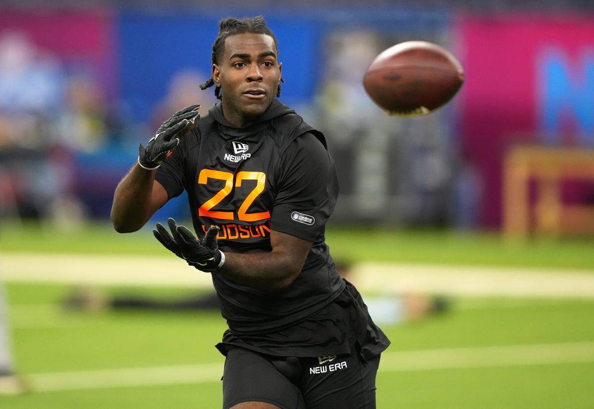 Mar 1, 2025; Indianapolis, IN, USA; UCF wideout Kobe Hudson (WO22) during the 2025 NFL Combine at Lucas Oil Stadium. Mandatory Credit: Kirby Lee-Imagn Images