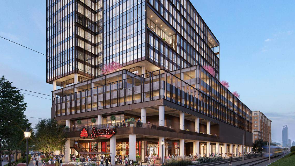 When construction on The Line is completed, the ground floor will include Sycamore Brewing, restaurant Chapter 6 and Savi Provisions. This rendering shows patio space will surround the building.