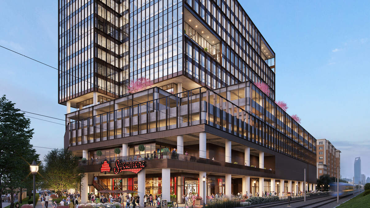 When construction on The Line is completed, the ground floor will include Sycamore Brewing, restaurant Chapter 6 and Savi Provisions. This rendering shows patio space will surround the building.