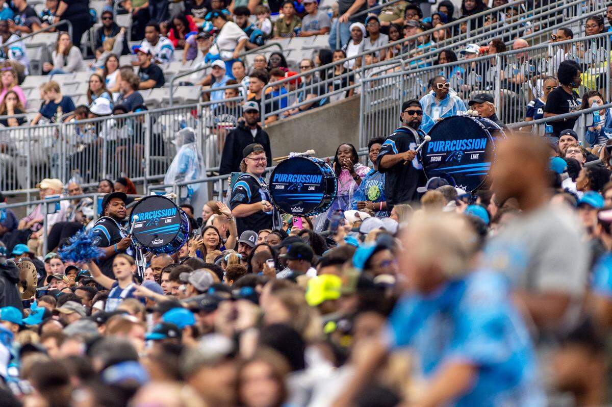 The Carolina Panthers' percussion band plays in the stands during the Carolina Panthers' fan fest at the Bank of America Stadium in Charlotte, NC, Saturday August 2, 2025.