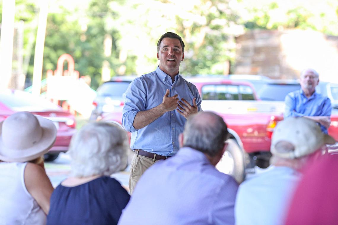 At a campaign stop in Albemarle, N.C., on Thursday, June 17, 2021, state Sen. Jeff Jackson answers a question.
