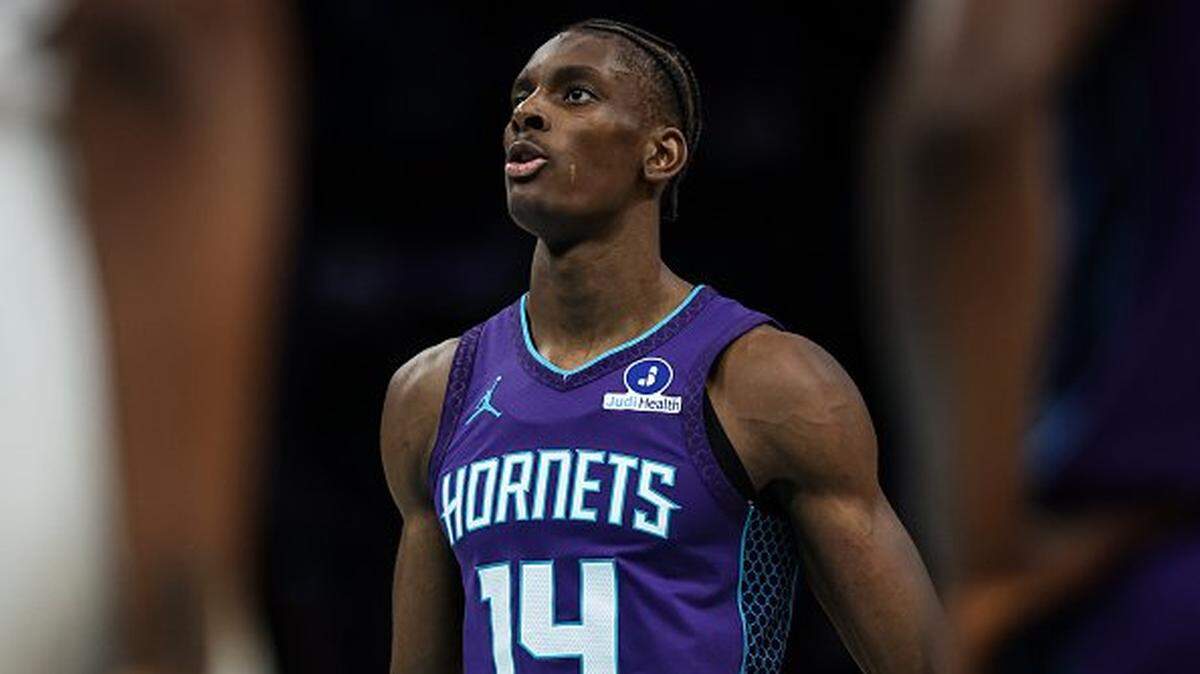 Moussa Diabate of the Charlotte Hornets prepares for a free throw during the first half of a basketball game against the Milwaukee Bucks at Spectrum Center on November 12, 2025 in Charlotte, North Carolina. 