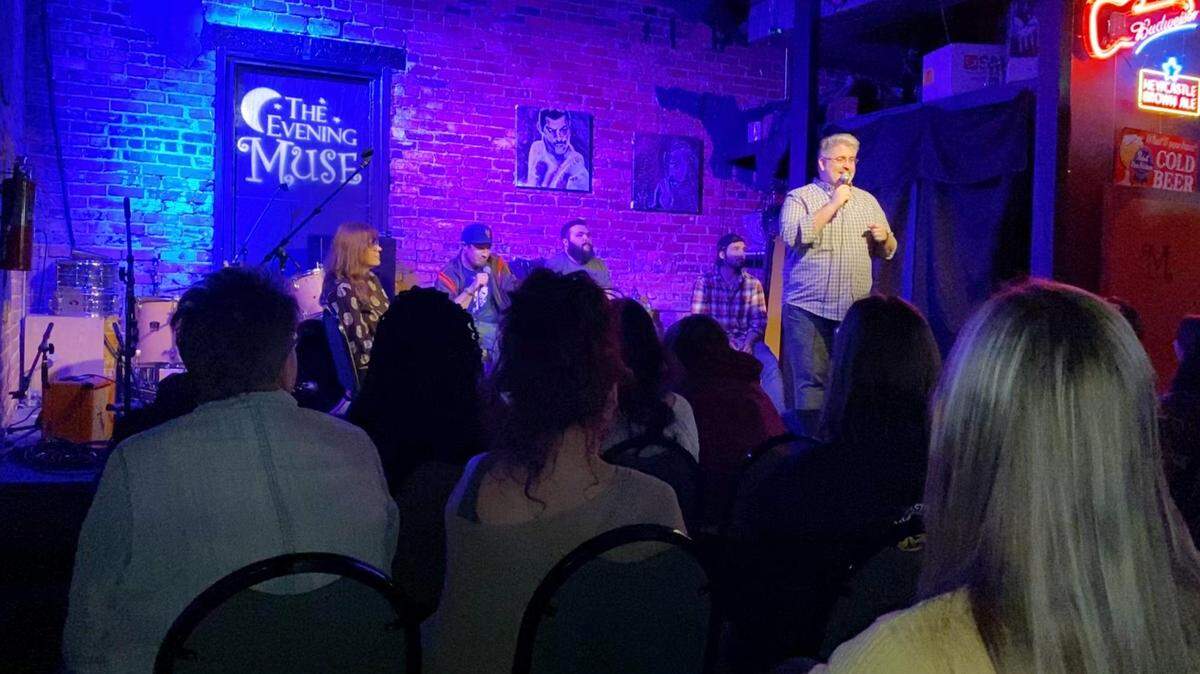 From left, Amy Williams, Andy Perez, Dan Page and Matthew Hunter join Joe Kuhlmann on stage to discuss how creative outlets help with their mental health.