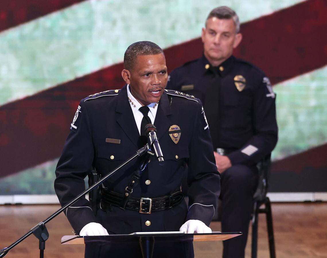 CMPD Chief Johnny Jennings speaks to the family of fallen CMPD Officer Joshua Eyer on Friday, May 3, 2024 at First Baptist Church in Charlotte, NC. CMPD Officer Joshua Eyer and three other law enforcement officers died on Monday, April 29, 2024 during and as a result of a standoff with a gunman.