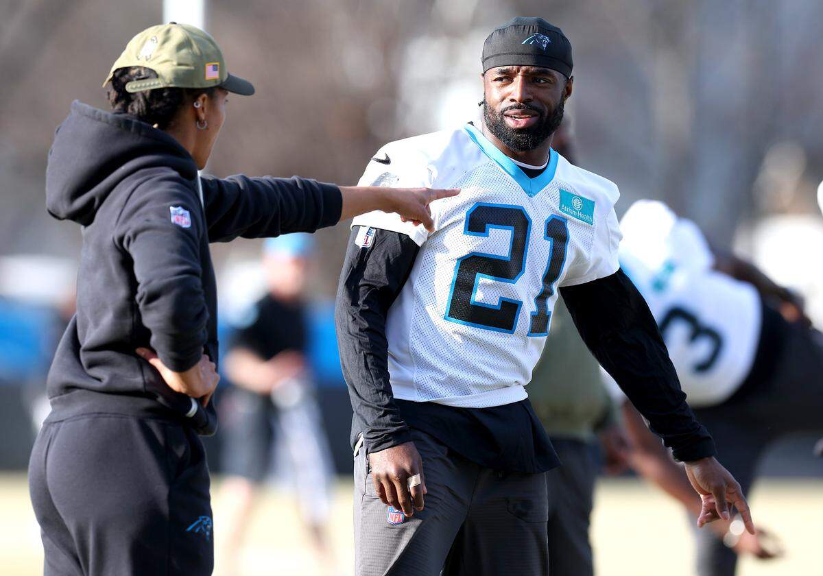 Carolina Panthers safety Nick Scott receives instructions during practice on Tuesday, Jan. 6, 2026, in Charlotte, North Carolina. The Panthers will host the Los Angeles Rams in first- round action of the playoffs at Bank of America Stadium on Saturday, Jan. 10, 2026.
