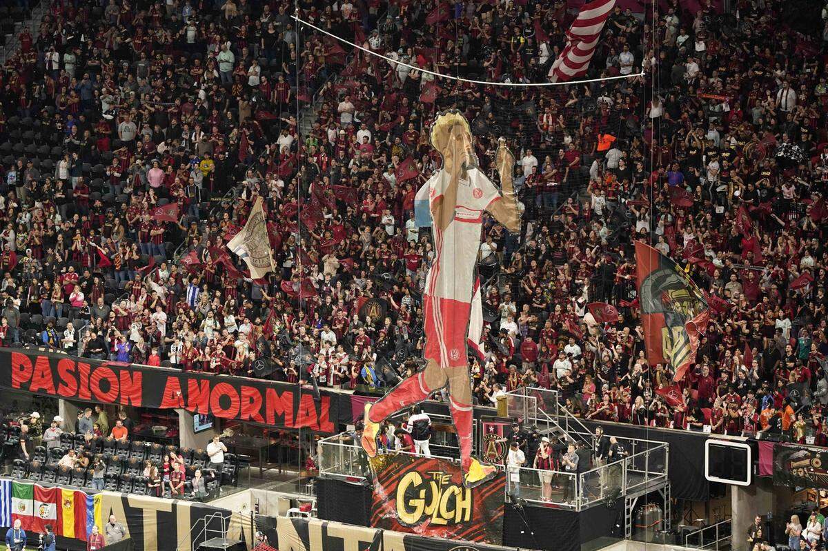 Feb 25, 2023; Atlanta, Georgia, USA; A tifo of late former Atlanta United FC player Anton Walkes is raised in tribute before the game between the Atlanta United FC and the San Jose Earthquakes at Mercedes-Benz Stadium. Mandatory Credit: Dale Zanine-USA TODAY Sports