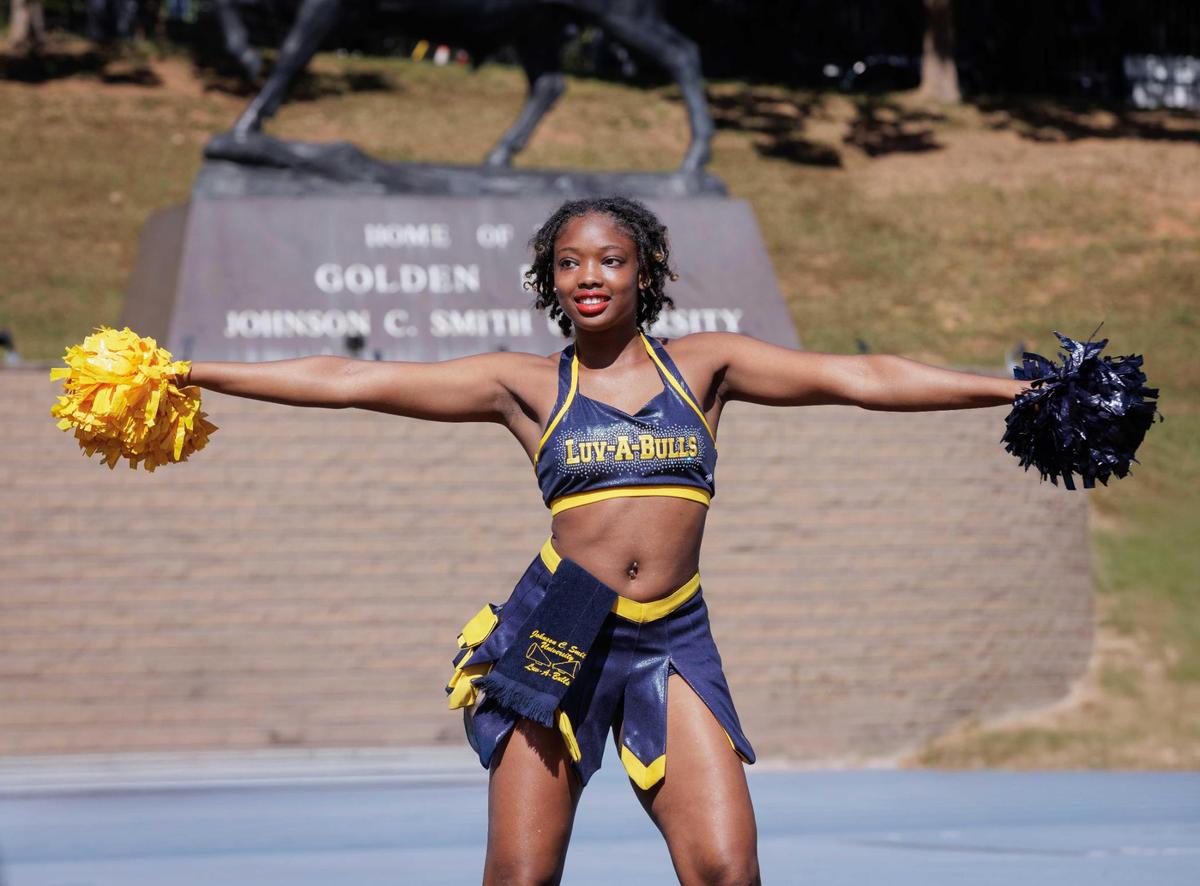 A cheerleader performs during the game. The Bulls go to 7-0 as they defeat Shaw University 21-14 Saturday October 19, 2024.