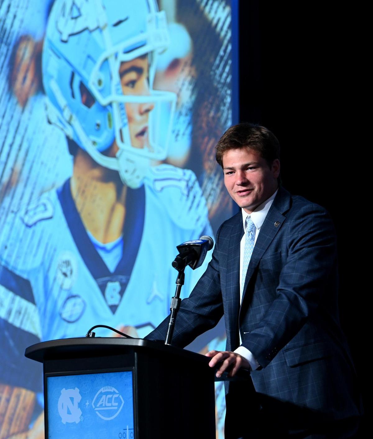 UNC Tar Heels quarterback Drake Maye responds to a question during the third day of the ACC Kickoff event at the Westin Charlotte Hotel in Charlotte, NC on Thursday, July 27, 2023.
