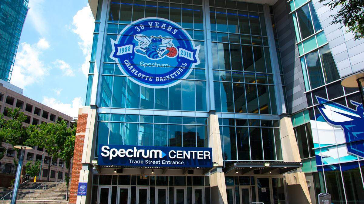 The Charlotte Hornets' 30th anniversary logo as seen from Trade Street