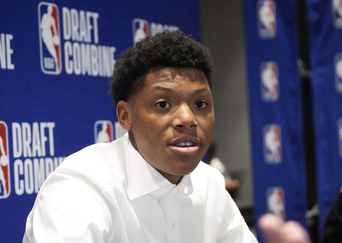 Ace Bailey talks to the media during the 2025 NBA Draft Combine at Marriott Marquis Chicago. 