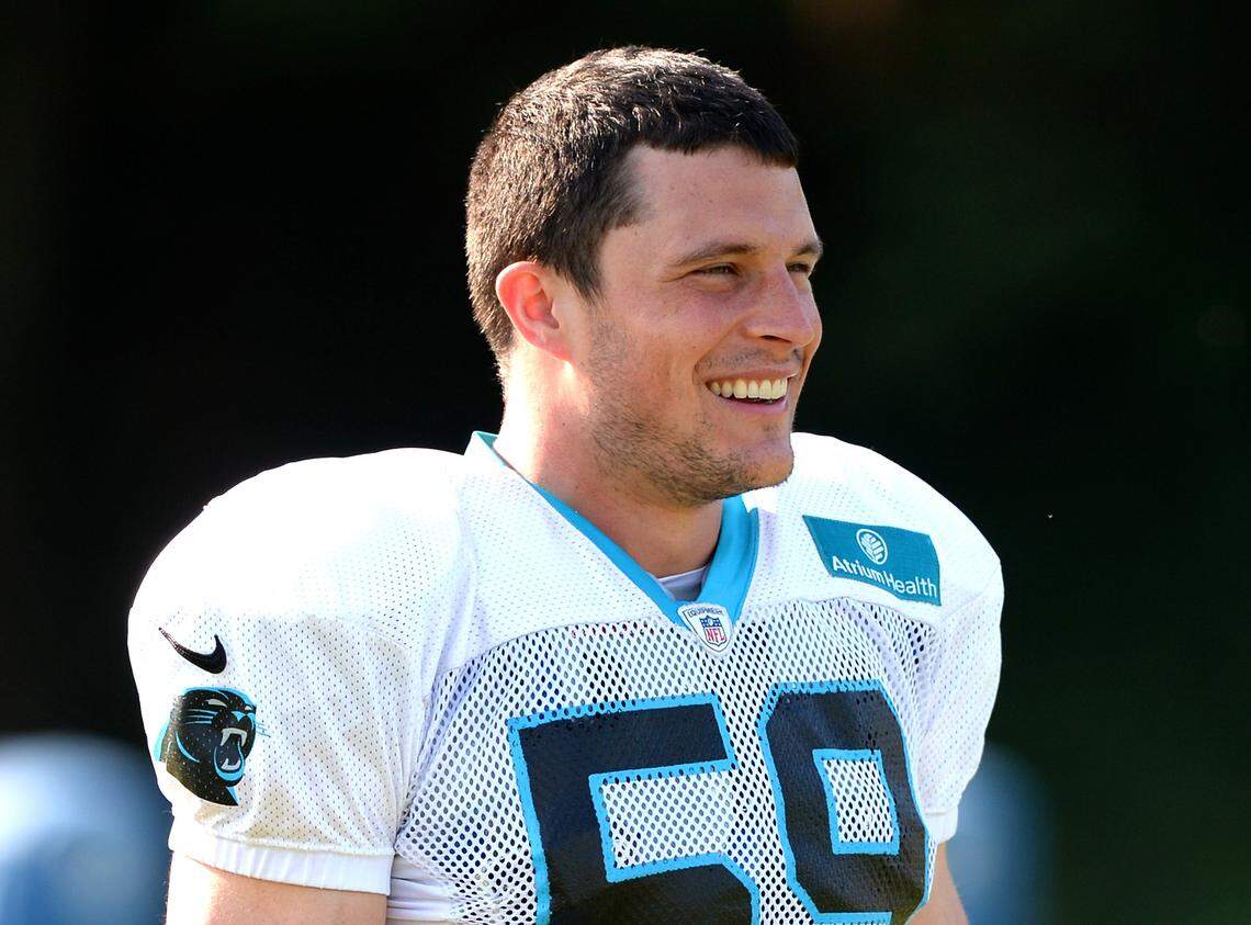 Carolina Panthers linebacker Luke Kuechly during a 2019 practice at Wofford College in Spartanburg, S.C.