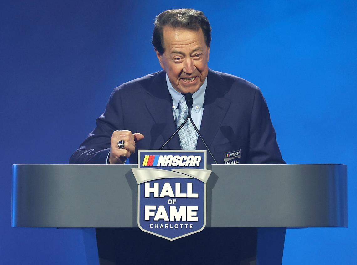 Former NASCAR driver Harry Gant proudly displays his NASCAR Hall of Fame during the NASCAR Hall of Fame Induction Ceremony at the Charlotte Convention Center in Charlotte, NC on Friday, January 23, 2026. 