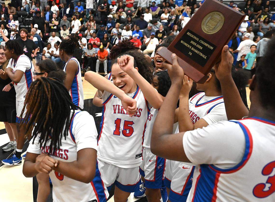 North Meck celebrates its victory over Lake Norman in the 7A Girls NCHSAA regional championship game at Lenoir-Rhyne University in Hickory, North Carolina, on Friday, March 6, 2026.
