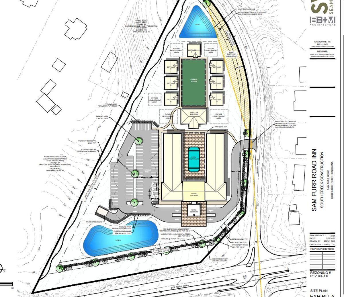 This architect’s sketch shows the proposed Cornelius Inn project at Sam Furr Road and Mayes Road east of Lake Norman.