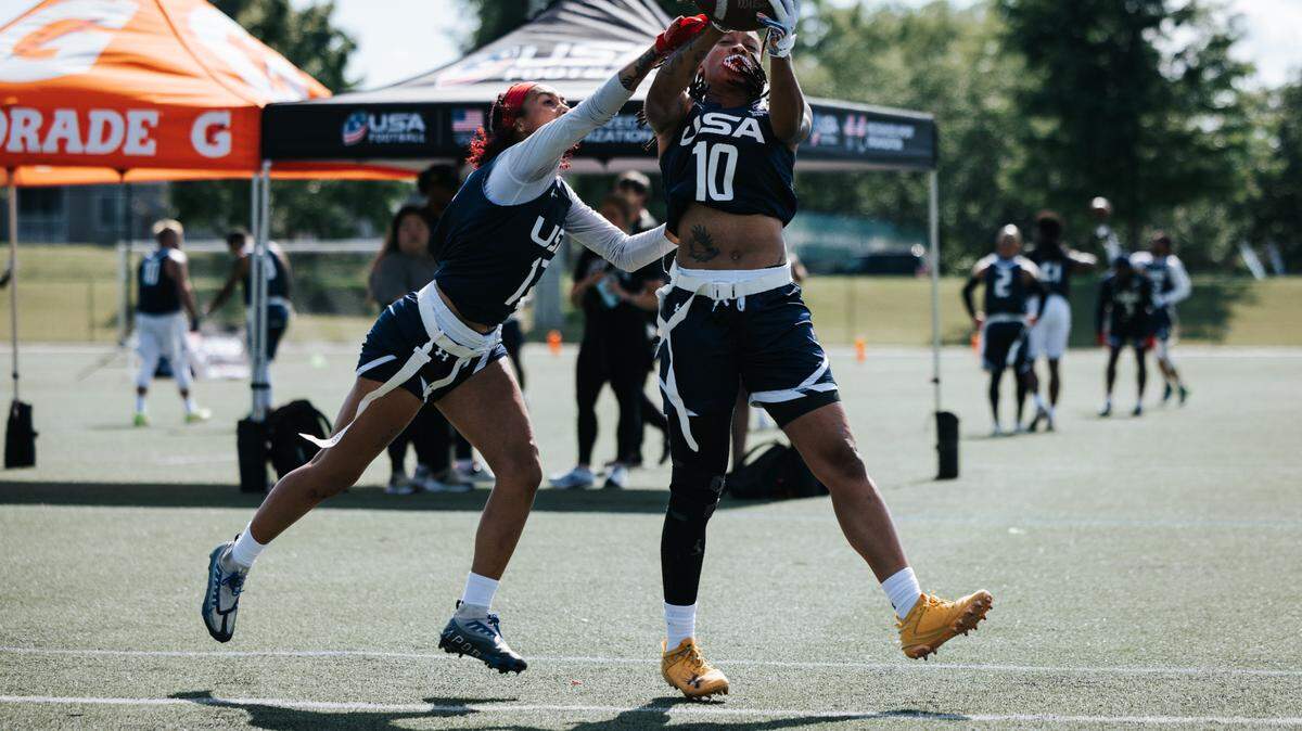 Amber Clark goes up for a pass during USA Football’s Women’s Flag National Team’s practice on the campus of UNC Charlotte on Thursday, May 30, in Charlotte, N.C.