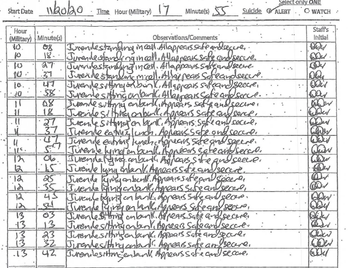 Desmond W’s suicide observation record was filled out, at least in part, after deputies found him hanging inside his cell. The times logged do not line up with video footage, which was filed as part of a lawsuit in Charlotte’s federal court.