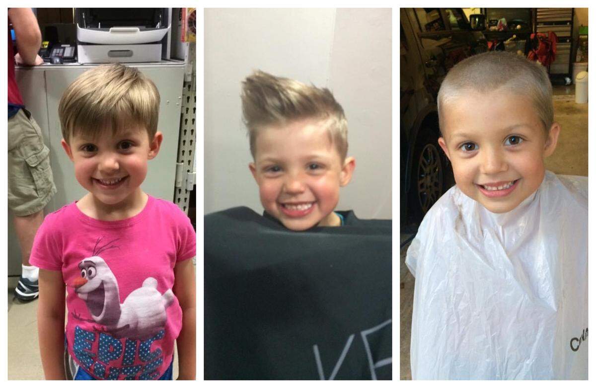 Mike Dumas finally got his hair cut short at age 5 (left), styled it like Joey Tribbiani on “Friends” (center) and had it cut to a full buzz cut (right) a few weeks after it was shorn short.