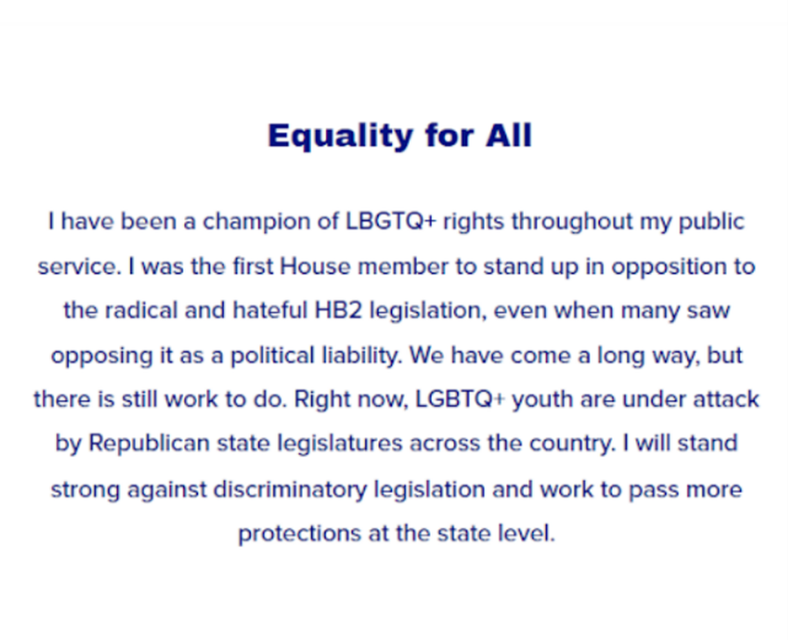 A section of Rep. Tricia Cotham’s now-deleted campaign website from the 2022 election stating her position on LGBTQ+ rights.