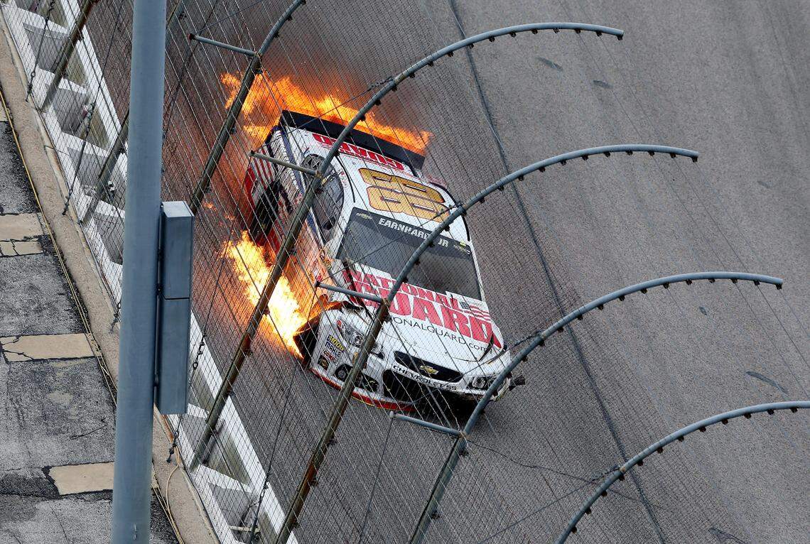 Dale Earnhardt Jr. crashing out of the Duck Commander 500 at Texas Motor Speedway on April 7, 2014 in Fort Worth, Texas.