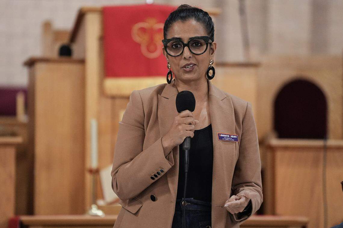 Democratic candidate for Charlotte City Council At-Large Namrata Yadav speaks during a candidate forum, hosted by the Black Political Caucus of Charlotte-Mecklenburg Saturday, Aug. 2, 2025, in Charlotte, N.C.