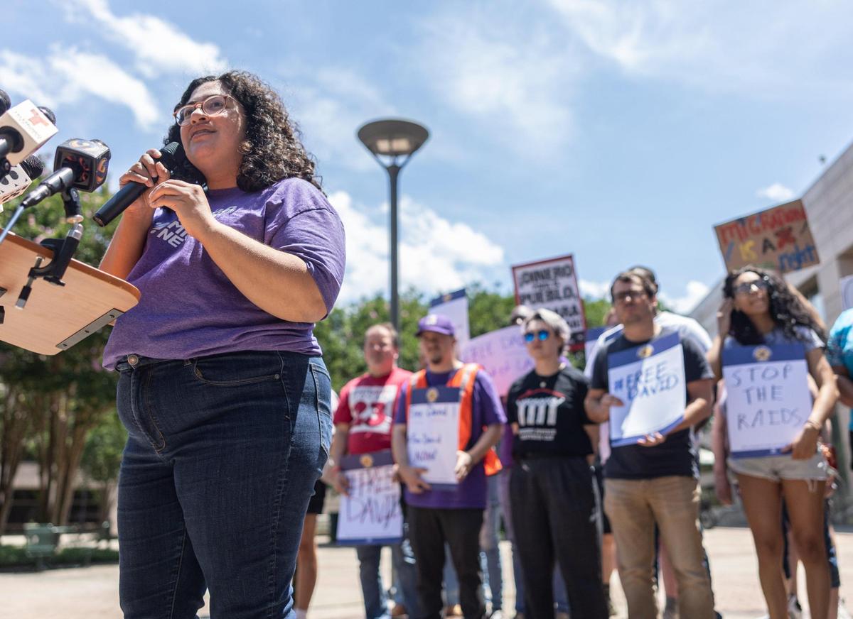 StefanÍa Arteaga, co- executive director and strategist for Carolina Migrant Network, speaks during the Rally to Demand End of ICE Raids, Freedom for David Huerta in Charlotte on Monday, June 9, 2025.