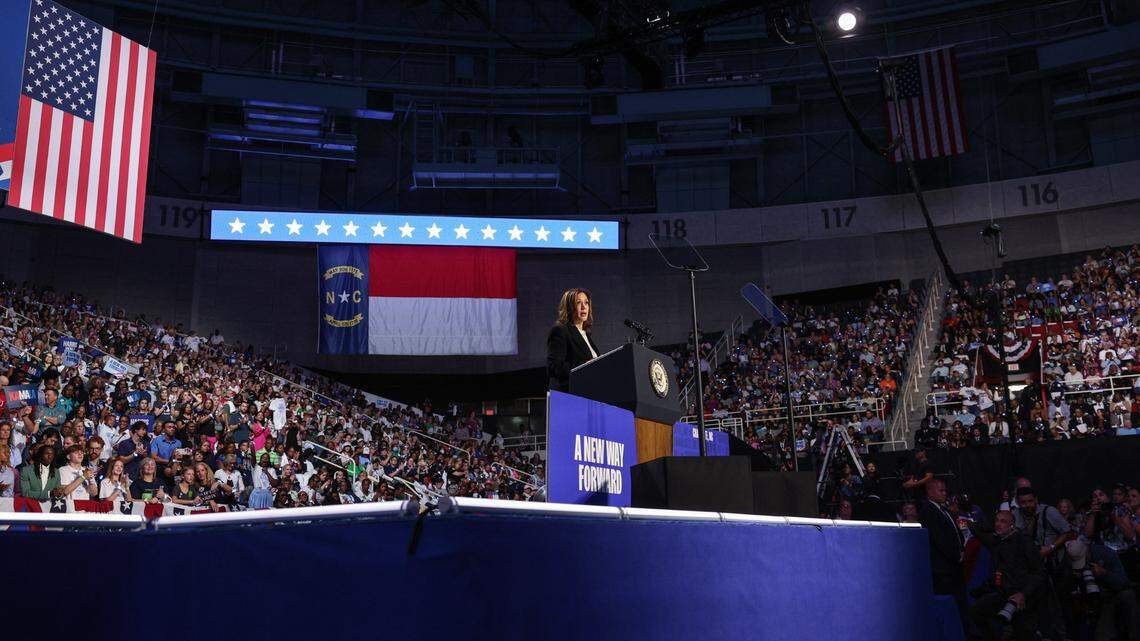 Vice President Kamala Harris speaks during a rally at the Bojangles Coliseum in Charlotte, NC on Thursday, September 12, 2024.