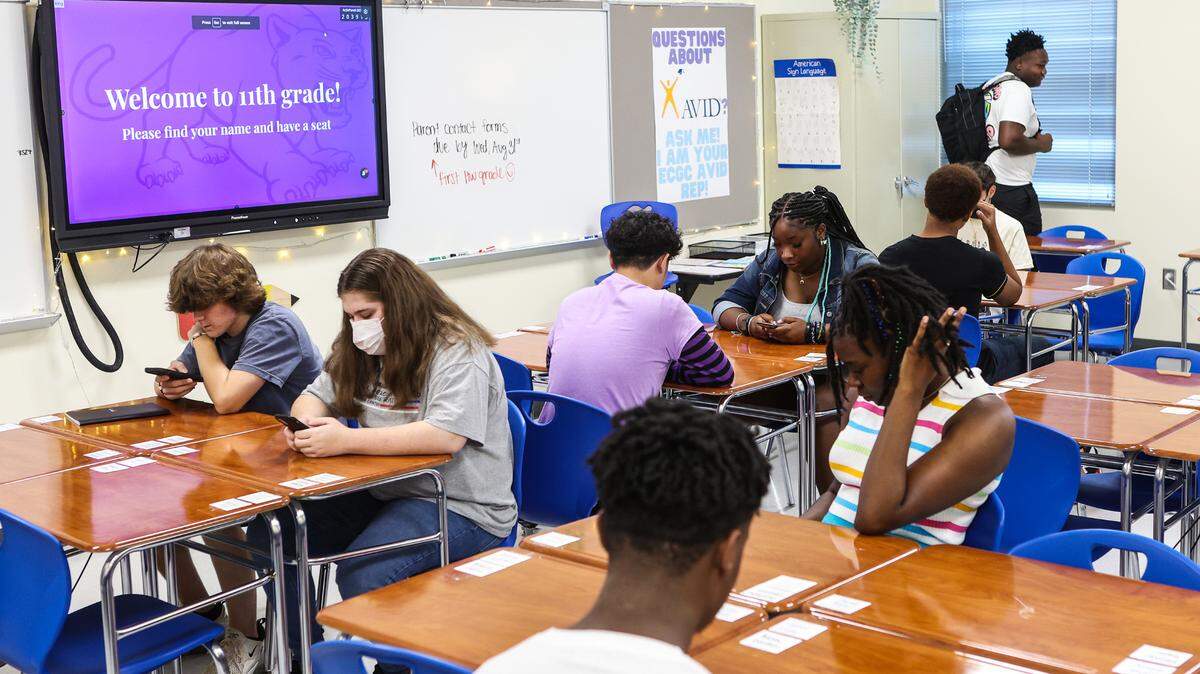 Students sit quietly at their desks in Miss King’s eleventh grade homeroom during the first day of school at Palisades High School, a brand new CMS campus, on Monday, August 29, 2022 in Charlotte, NC.