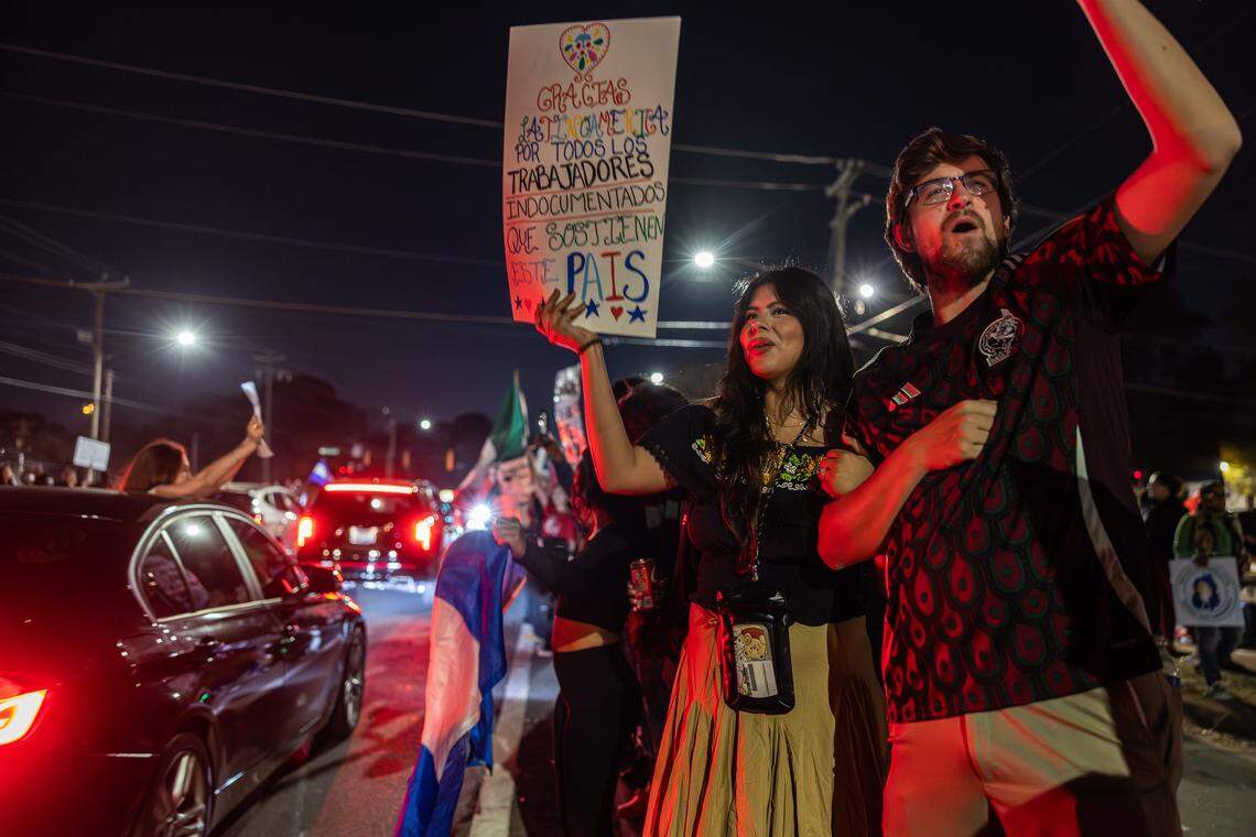 Protesters gather outside of Manolo’s Bakery to protest ICE and Border Patrol in Charlotte on Wednesday, November 20, 2025.