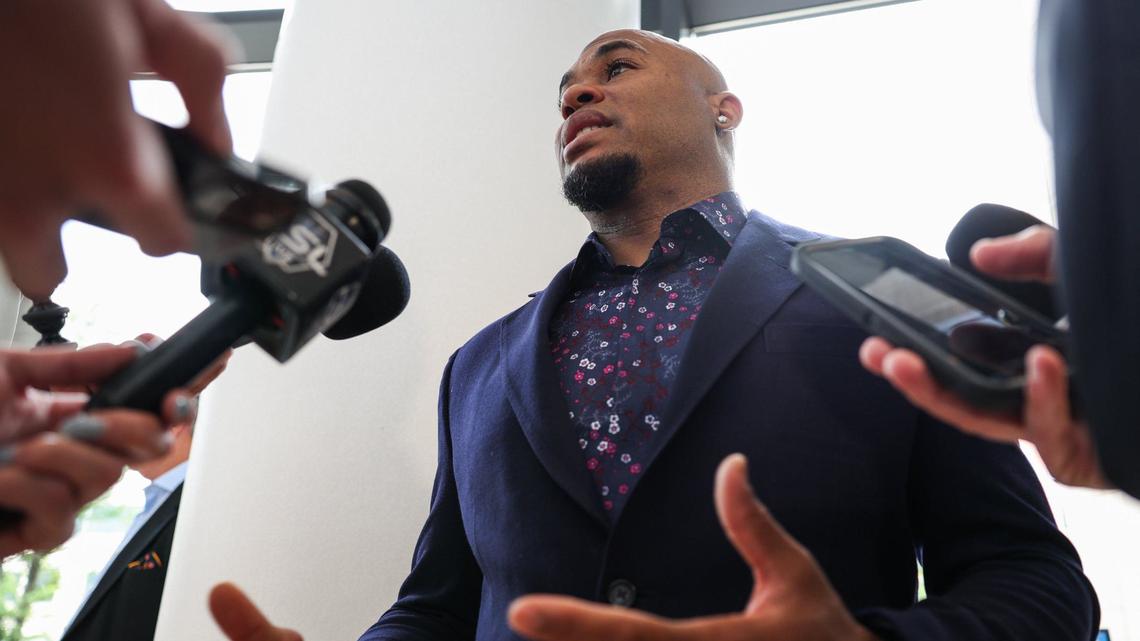 Steve Smith, Sr., former wide receiver for the Carolina Panthers, answers questions from the media after a press conference for inductees into the NC Sports Hall of Fame at Johnson & Wales University in Charlotte, NC on Friday, May 10, 2024.