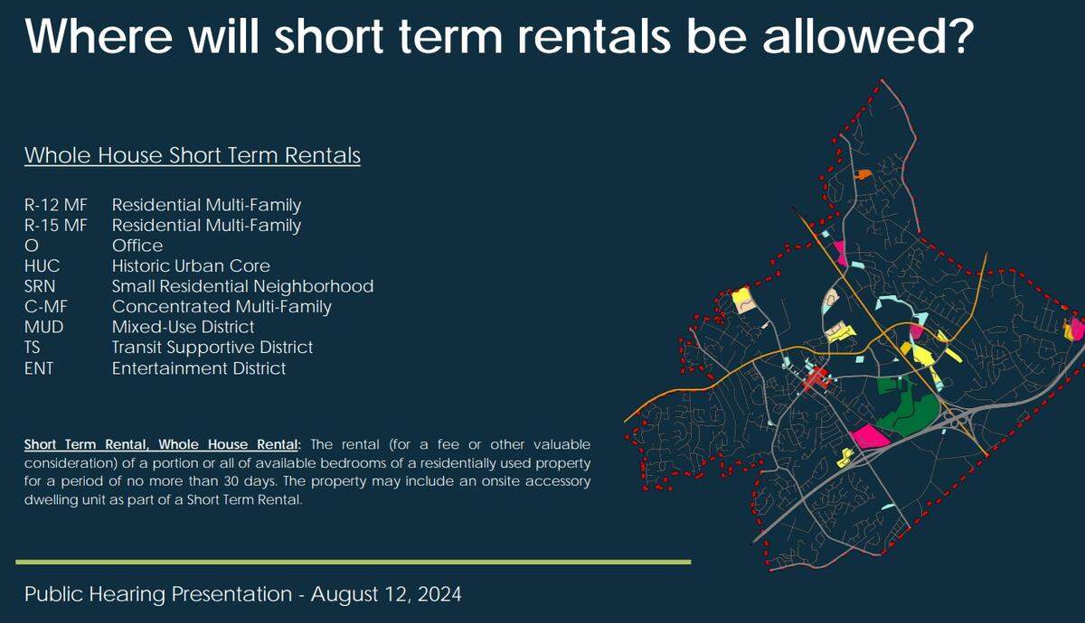 A visual of where whole-house short-term rentals can go in the town of Matthews.