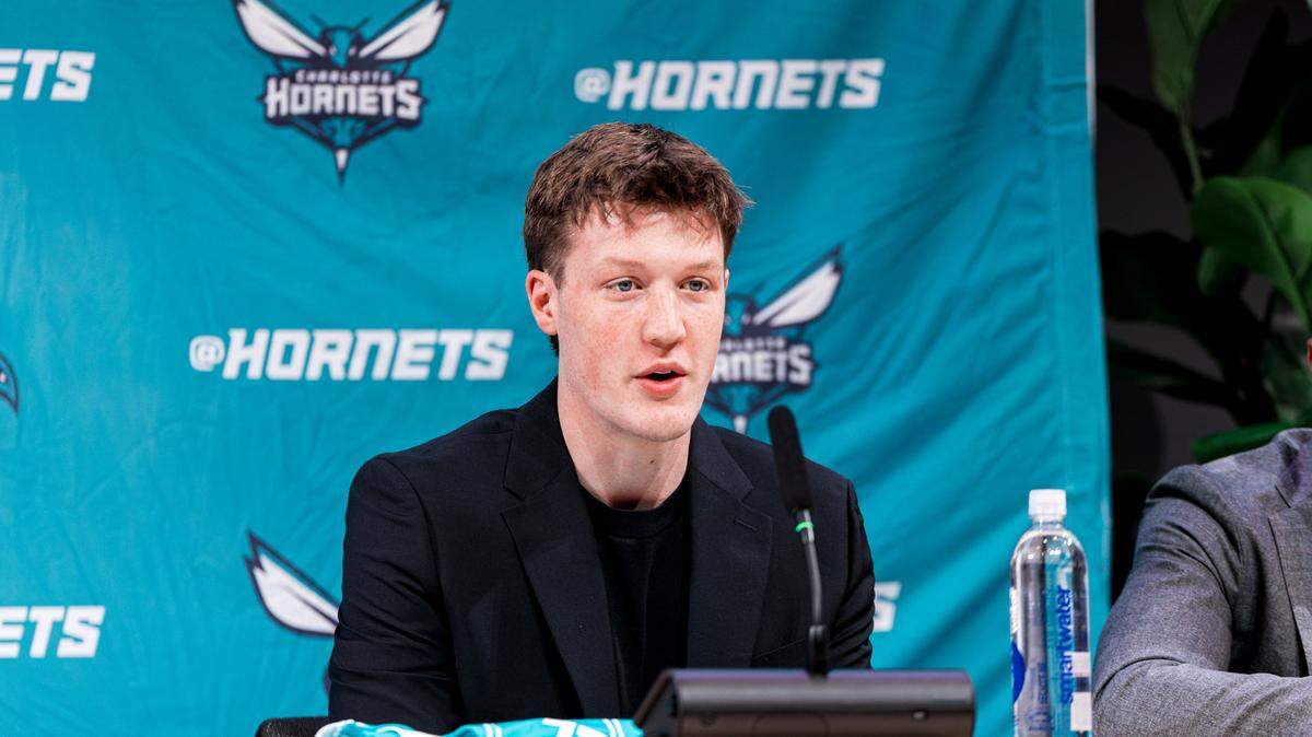 Kon Knueppel meets the media after being drafted by Charlotte Hornets.