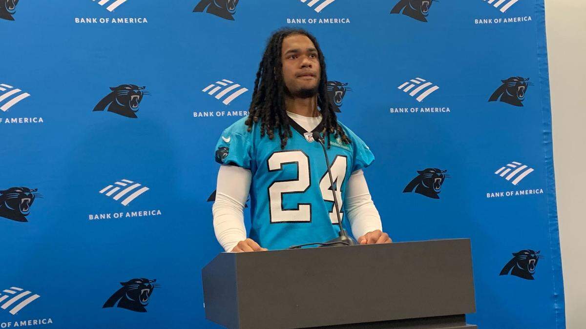 Carolina Panthers rookie RB Jonathon Brooks addresses the media following the first practice of 2024 rookie minicamp in Charlotte, N.C. on May 10, 2024.