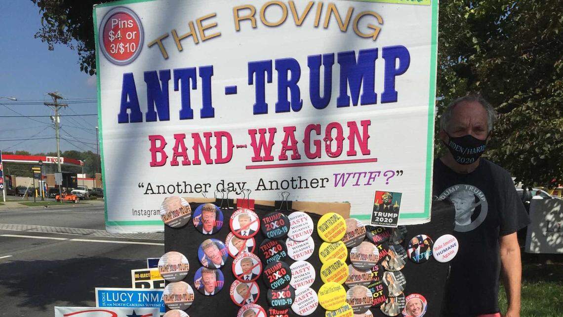 Stan Sinberg from NYC sold unofficial campaign swag outside Beatties Ford Library on Thursday.