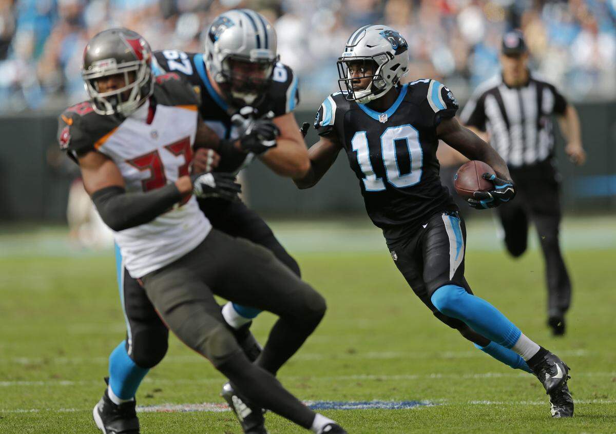 Carolina Panthers’ Curtis Samuel (10) is one of a few players who can be used on misdirection plays, and scored on a double-reverse last week against Tampa Bay.