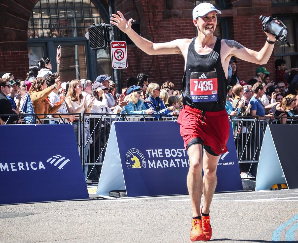 Christopher James Lees, photographed running the Boston Marathon in 2024.