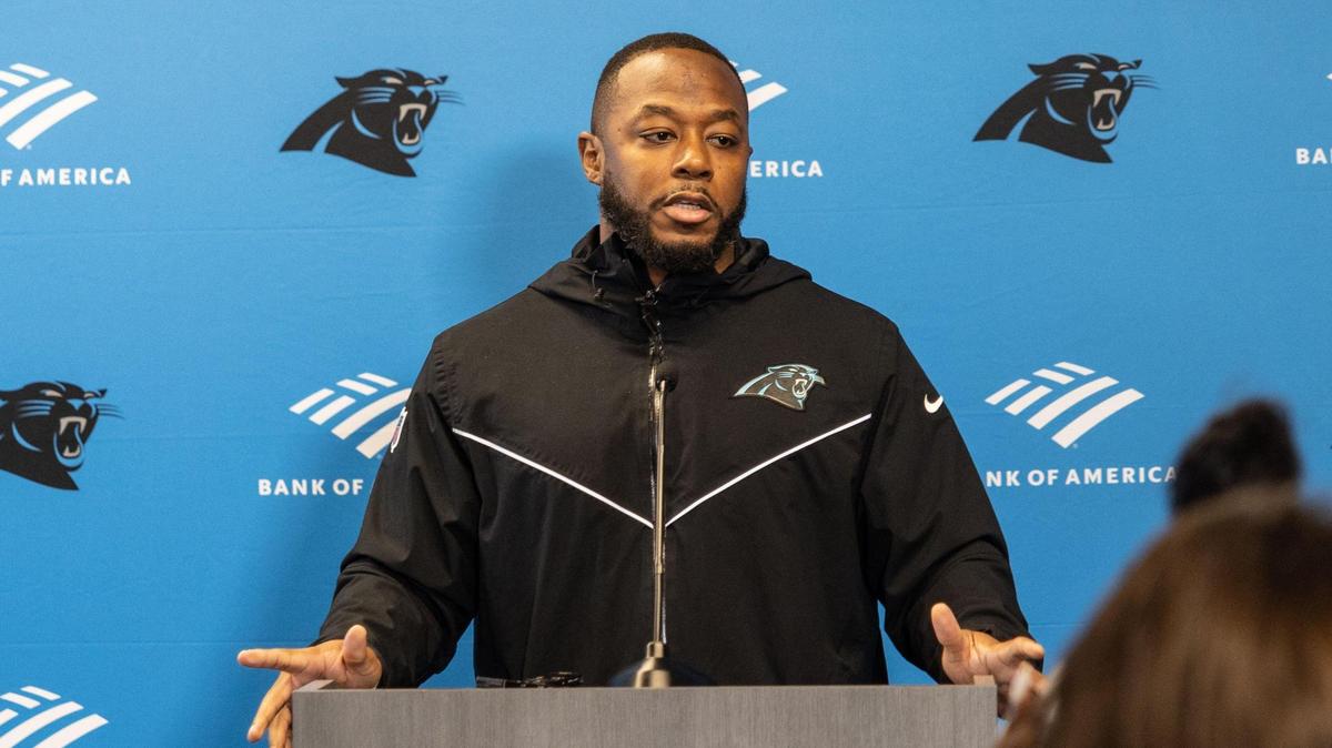 New Carolina Panthers offensive coordinator Thomas Brown speaks during a press conference in Charlotte, N.C., on Thursday, February 23, 2023.
