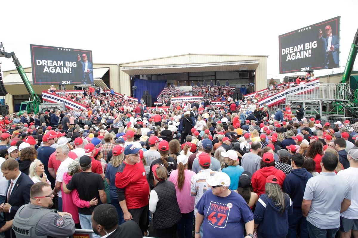 Hundreds of people fill in spots near the stage to watch Donald Trump rally Saturday, Nov. 2, 2024 at the Gastonia Municipal Airport in Gastonia, N.C.