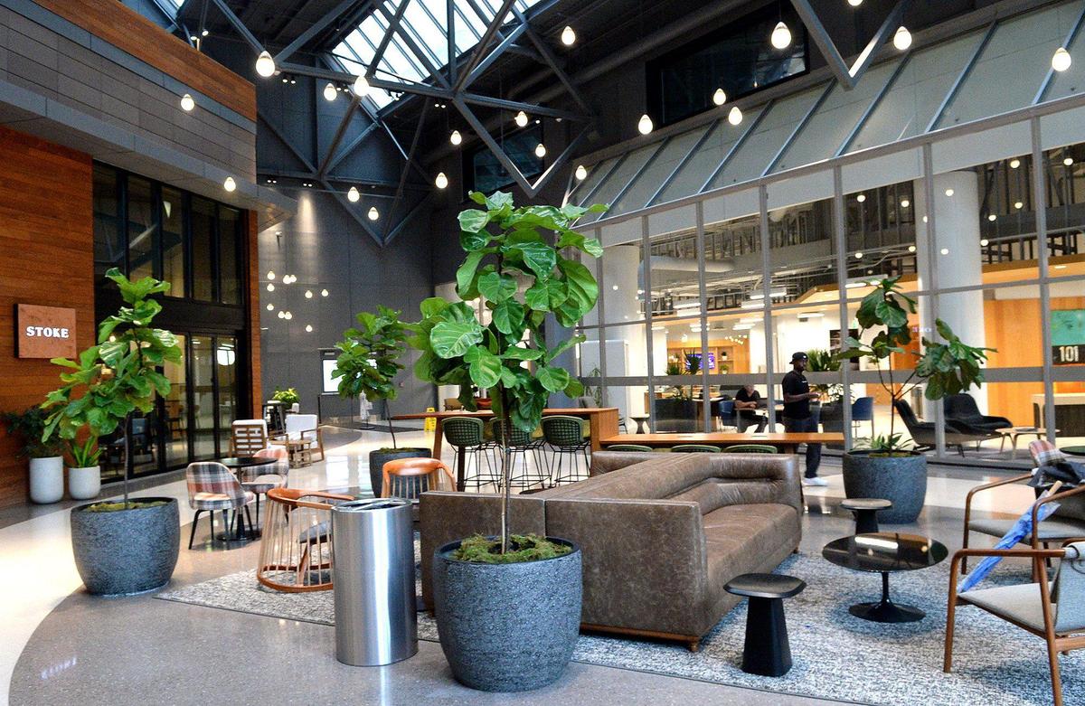 The Aster bar in One Independence Center has a view across Tryon Street to the Blumenthal. It's one of several new spaces that activate the building for employees and passersby. 