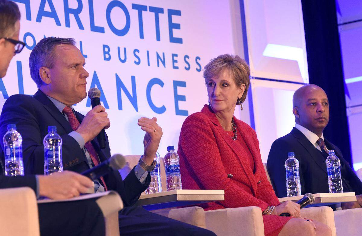 Five of the region’s top CEOs spoke about Charlotte’s present and future economic and civic outlook at the Charlotte Regional Business alliance luncheon on Monday, Dec. 9, 2019. (Second from left with microphone) Darius Adamczyk, of Honeywell, Susan DeVore, of Premier, and Marvin Ellison, of Lowe’s Companies, along with Lynn Good, of Duke Energy and Brian Moynihan, of Bank of America all took part as panelists.