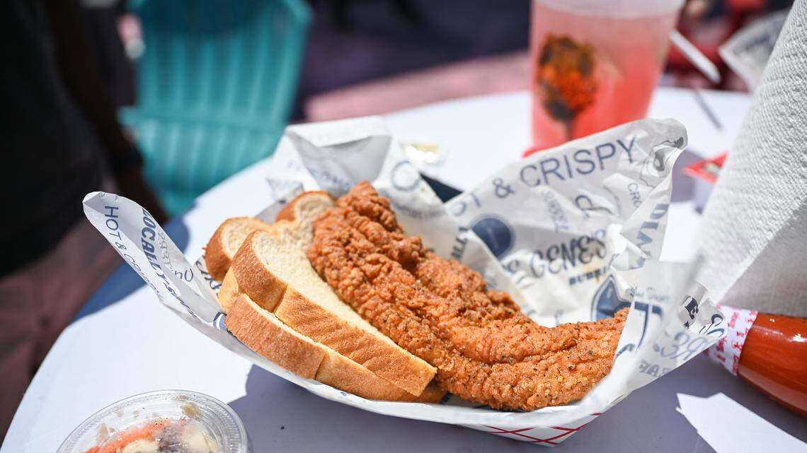 Jimmy Pearls Chesapeake Kitchen was serving Uncle Gene’s fish sammich with fried whiting, two slices of white bread, Jimmy sauce, hot sauce and slaw during the West Side Fish Fry at West Complex in Charlotte on Saturday, April 18, 2026.